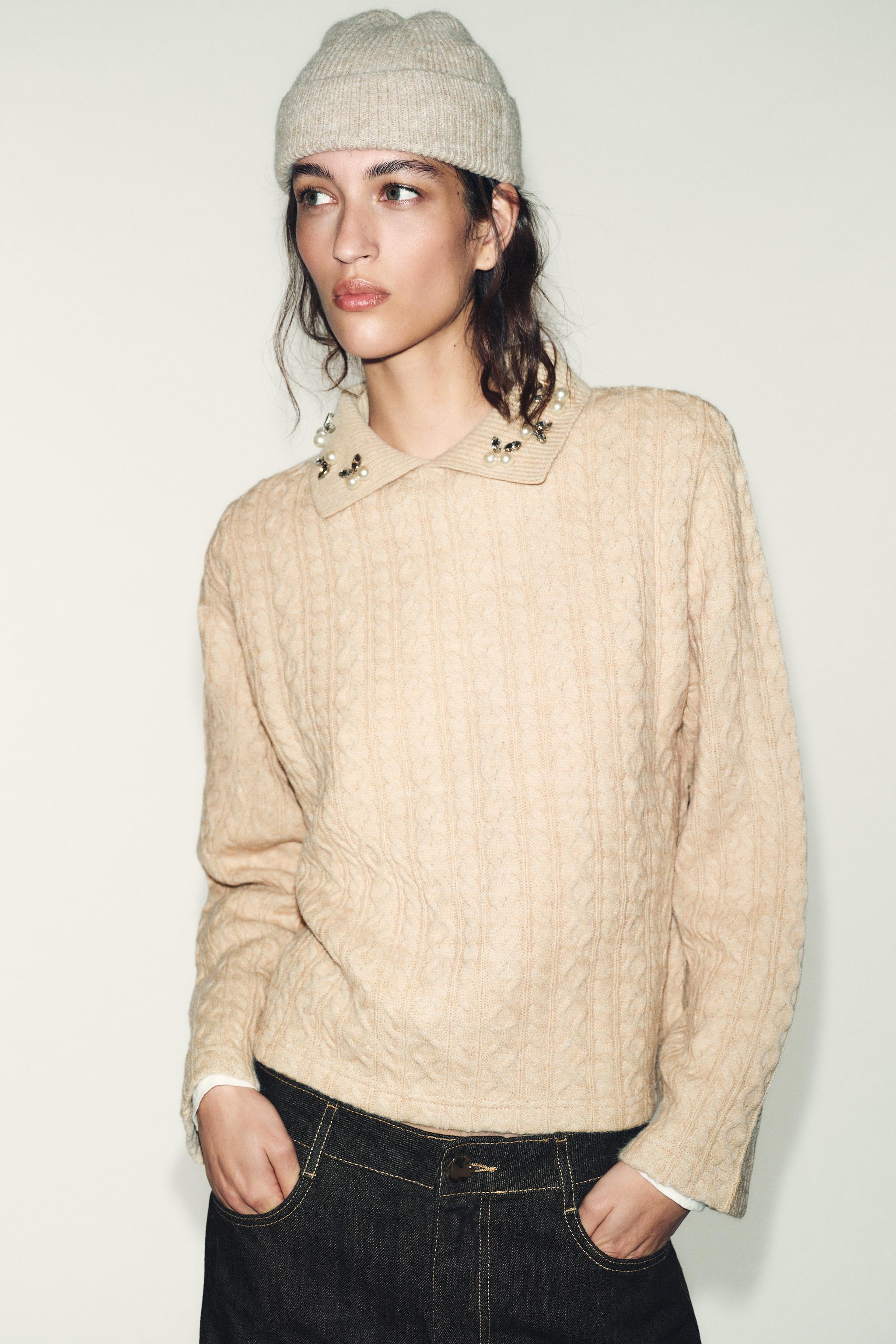 JEWEL COLLAR CABLE-KNIT SWEATER